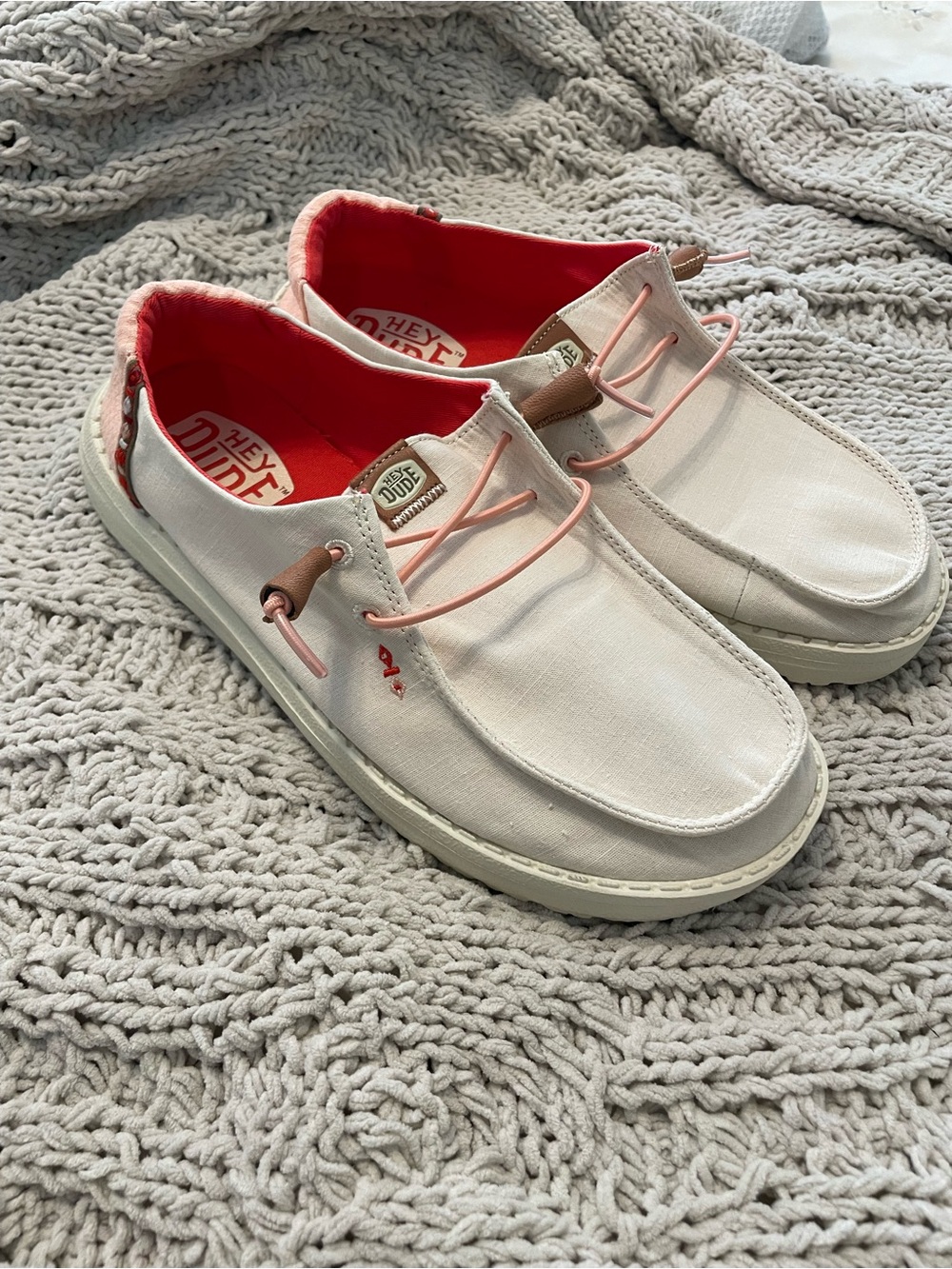Hey Dude Women's White Canvas Sneakers with Coral Accents
